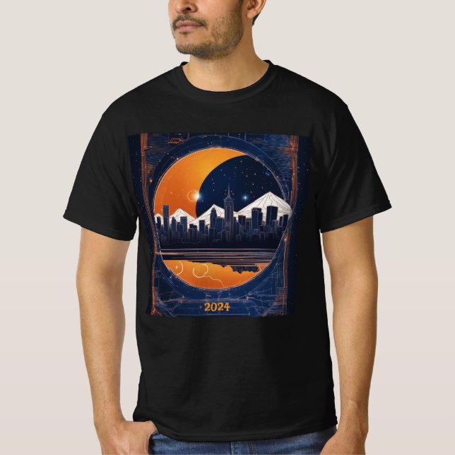 Solar Eclipse Cityscape Backe 2024 Add Namn Manar T Shirt (Framsida)