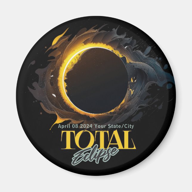 Solar Eclipse Gift 2024 Din stadsstat, svart Magnet (Framsidan)