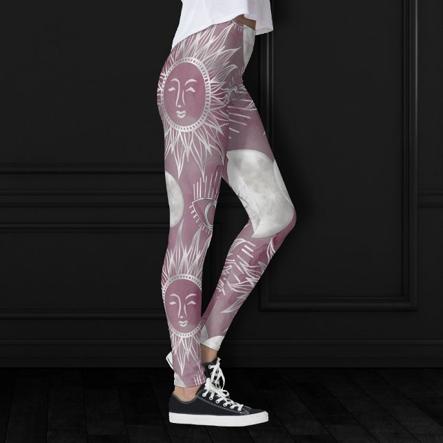Solar Mystique | Rosa Silver Måne Stars Sol Öga Leggings (Skapare uppladdad)