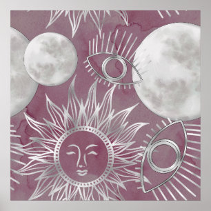 Solar Mystique Rosa Silver Måne Stars Sol Öga Poster