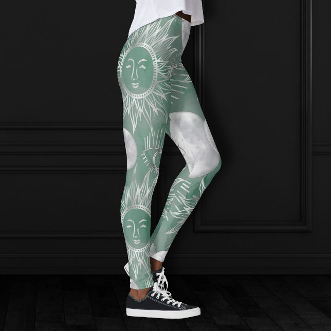 Solar Mystique | Skuld Grönt Silver Måne Stars Sol Leggings (Skapare uppladdad)