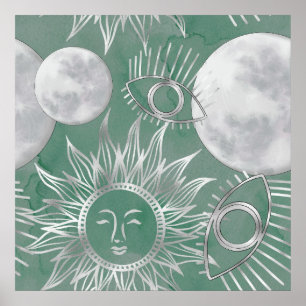 Solar Mystique   Skuld Grönt Silver Måne Stars Sol Poster