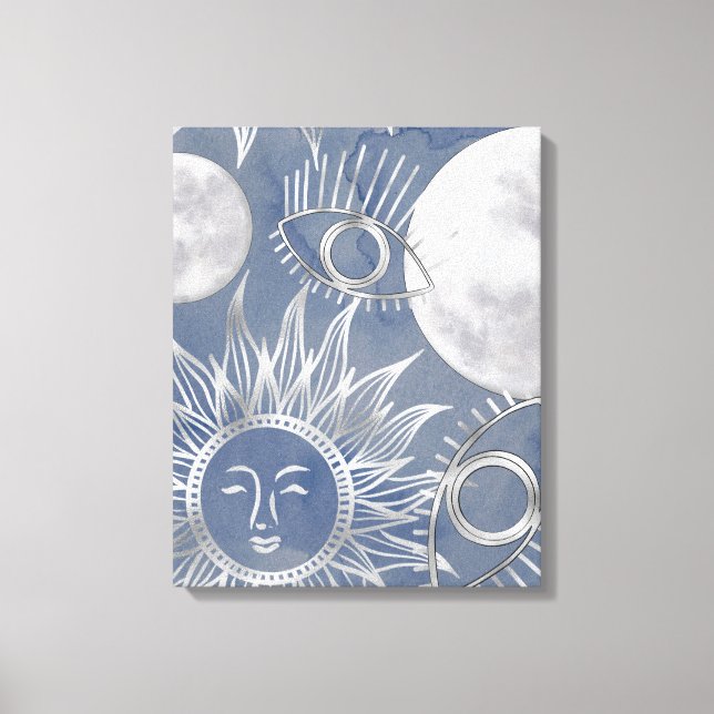 Solar Mystique | Stars Sol i Dusty Blue Silver Mån Canvastryck (Framsida)