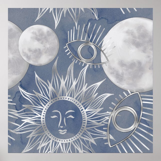 Solar Mystique | Stars Sol i Dusty Blue Silver Mån Poster (Framsidan)
