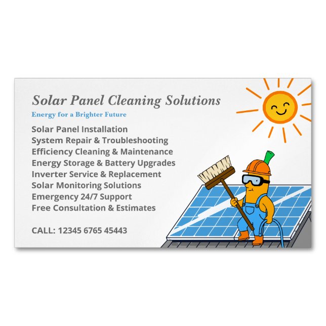 Solar Panel Cleaning Services Mascot Cartoon Magnetiska Visitkort (Framsida)