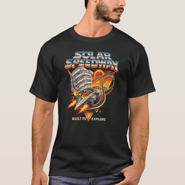 Solar Speedway – Retro Space Racing Adventure Desi T Shirt (Framsida)