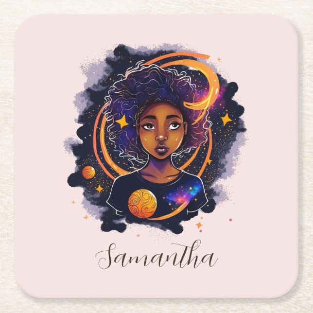 Solar System Afro Woman Underlägg Papper Kvadrat (Framsidan)