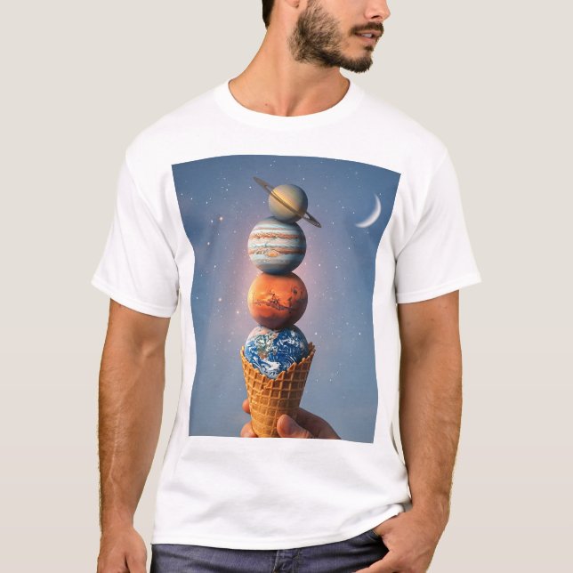 Solar System Ice Cream Cone - Surreal Cosmic Art T Shirt (Framsida)
