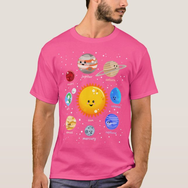 Solar System Lycklig Kawaii Stil T Shirt (Framsida)