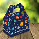 Solar System Pattern for Kids Birthday Thank You Presentaskar<br><div class="desc">Celebrate the solar system with this cheerful outer space themed birthday party favor box. Box has a happy sun,  happy planets (Mercury,  Venus,  Earth,  Mars,  Jupiter,  Saturn,  Uranus,  and Neptune),  as well as happy dwarf planet Pluto,  asteroids,  and stars. The box has the text Thank You.</div>