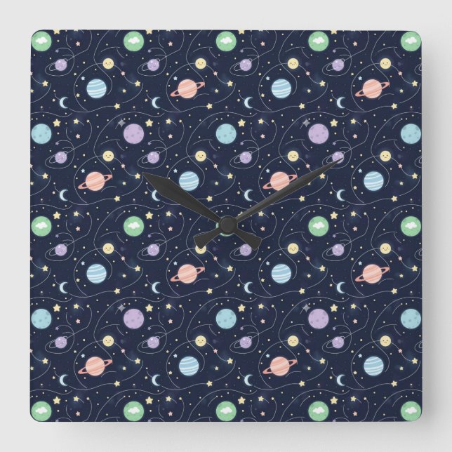 Solar System Planets Seamless Pattern Fyrkantig Klocka (Framsida)