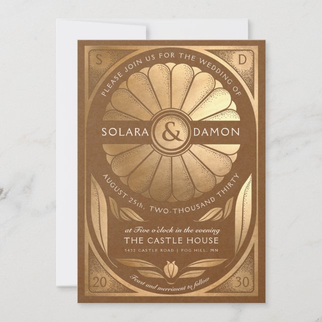 SOLARA III - Blommigt Faux Guld bröllopsinbjudan Inbjudningar (Framsida)