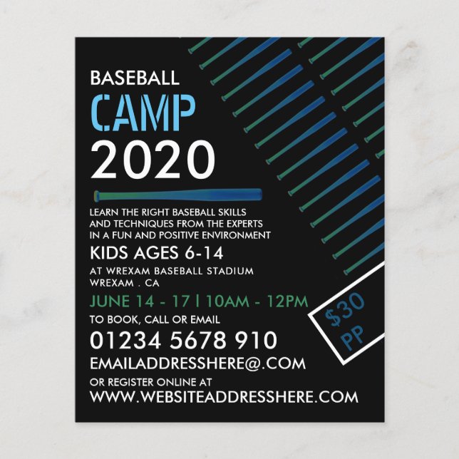 Solariserad Baseball Fladdermus, Baseball Camp Adv Flygblad (Framsidan)