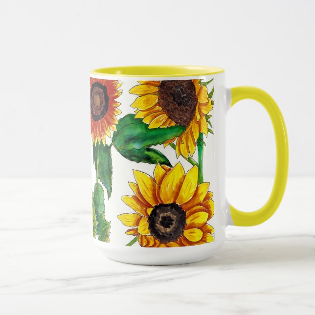 Solbelyst akvarell Solros Konst Mugg (Höger)