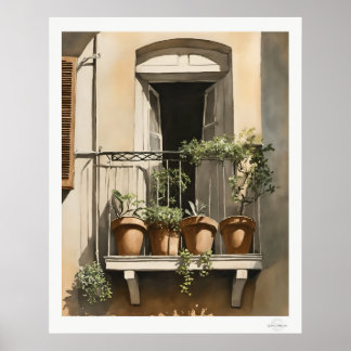 Solbelyst balkong med blommor Oljemålningstryck Poster
