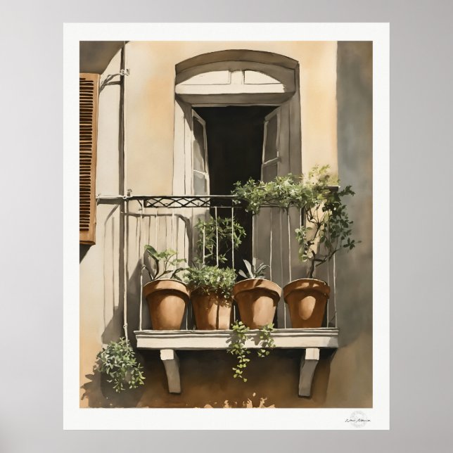 Solbelyst balkong med blommor Oljemålningstryck Poster (Framsidan)