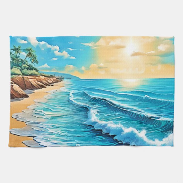 Solbelyst Beach Vågar Design Kökshandduk (Horisontell)