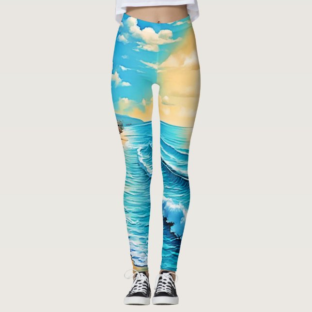 Solbelyst Beach Vågar Design Leggings (Framsida)