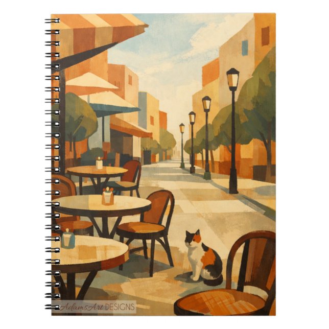 Solbelyst café gata med trefärgad katt anteckningsbok (Framsidan)