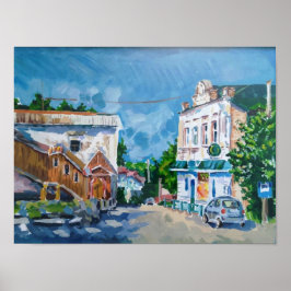 Solbelyst gatumiljö i en impressionistisk stad pos poster