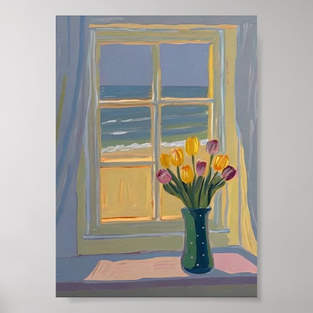 Solbelyst kustutsikt Fönster Impressionistisk olje Poster (Framsidan)