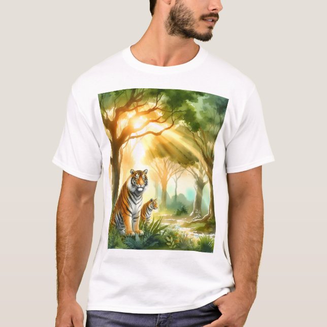 Solbelyst skog med två tigrar t shirt (Framsida)
