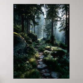 Solbelyst skogspad genom gamla tallar poster