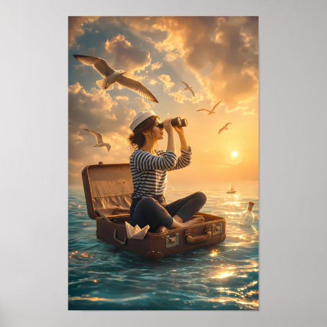 Solbelyst sökare på Drömmande havet-affisch Poster (Framsidan)