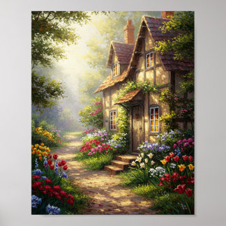 Solbelyst stuga & blommor | Oljemålning mästerverk Poster