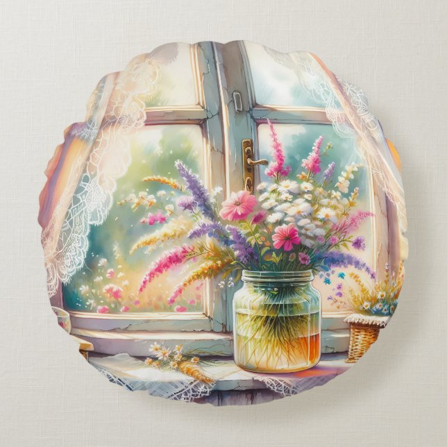 Solbelyst stugfönster med vilda blommor rund kudde (Framsidan)