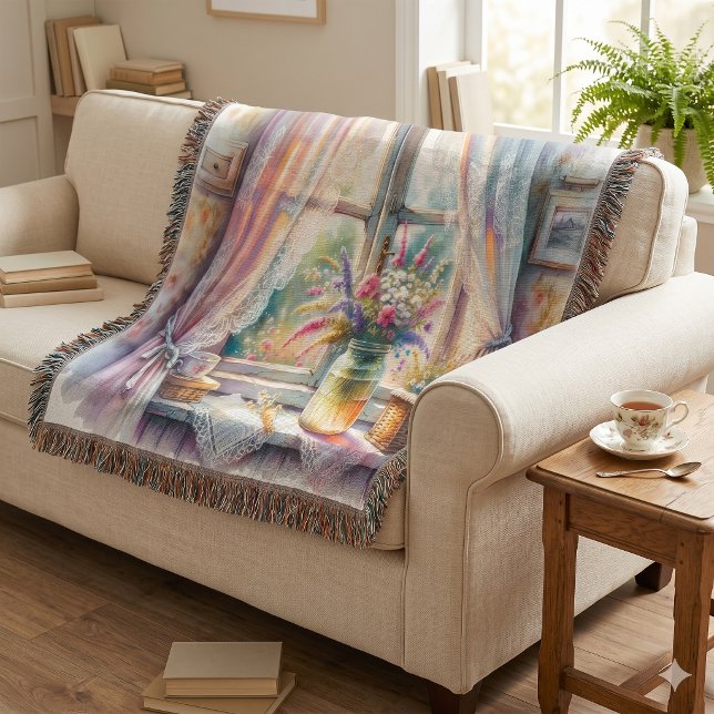 Solbelyst stugfönster vildblommor filt (Sunlit Cottage Window Wildflowers Throw Blanket)