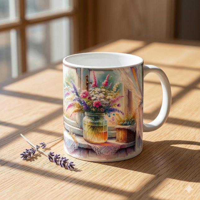 Solbelyst stugfönster vildblommor kaffemugg (Sunlit Cottage Window Wildflowers Coffee Mug)