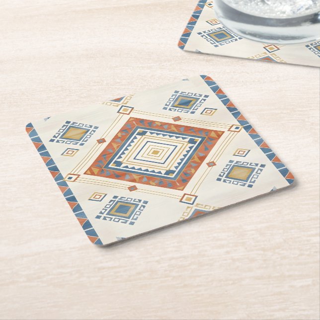 Solbelyst Terrakotta och Blå Öken Kilim Underlägg Papper Kvadrat (Vinklad)