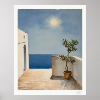 Solbelyst terrass med olivträd Poster