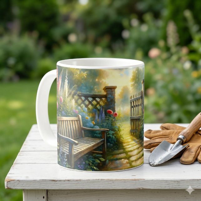 Solbelyst trädgårdsgång grind scen kaffemugg (Sunlit Garden Pathway Gate Scene Coffee Mug)