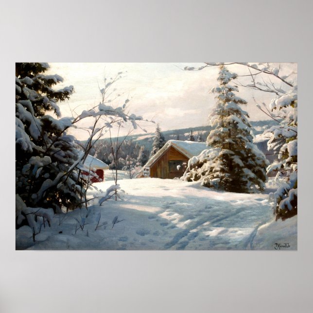 Solbelyst vinterlandskap av Peder Mork Monsted Poster (Framsidan)