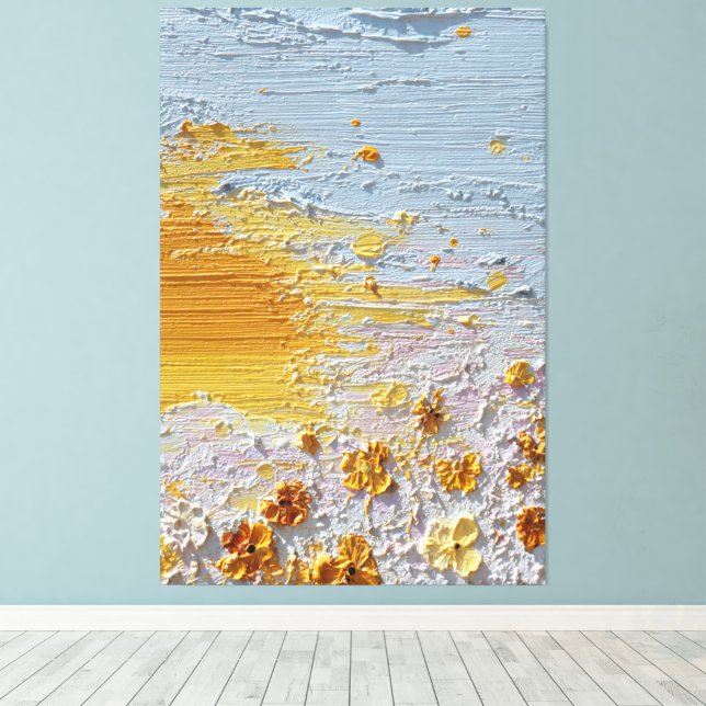 Solbelysta Blommor med Blå och Orange Textur Canvastryck (Insitu (trägolv))