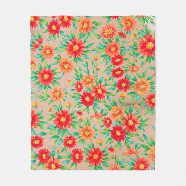 Solbelysta Blommor" - Orange och Röda Blommiga Väv Fleecefilt (Framsidan)