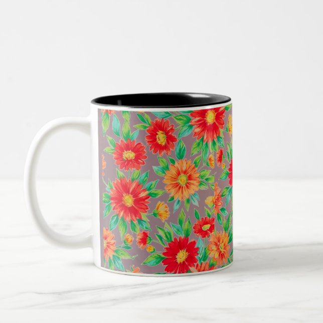 Solbelysta blommor" - Orange och röda blommiga väv Två-Tonad Mugg (Vänster)