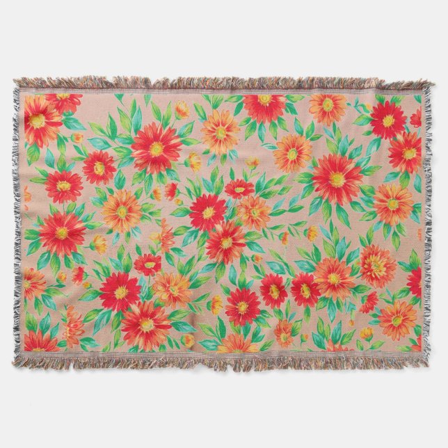 Solbelysta Blomster" - Orange och Röda Blommiga Vä Filt (Framsidan)