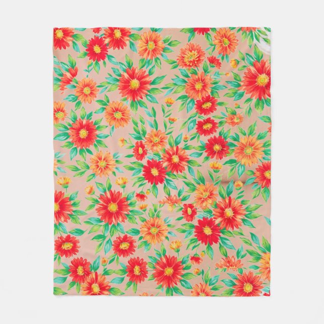 Solbelysta Blomster" - Orange och Röda Blommiga Vä Fleecefilt (Framsidan)