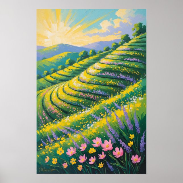 Solbelysta lavendelfält med böljande kullar poster (Framsidan)