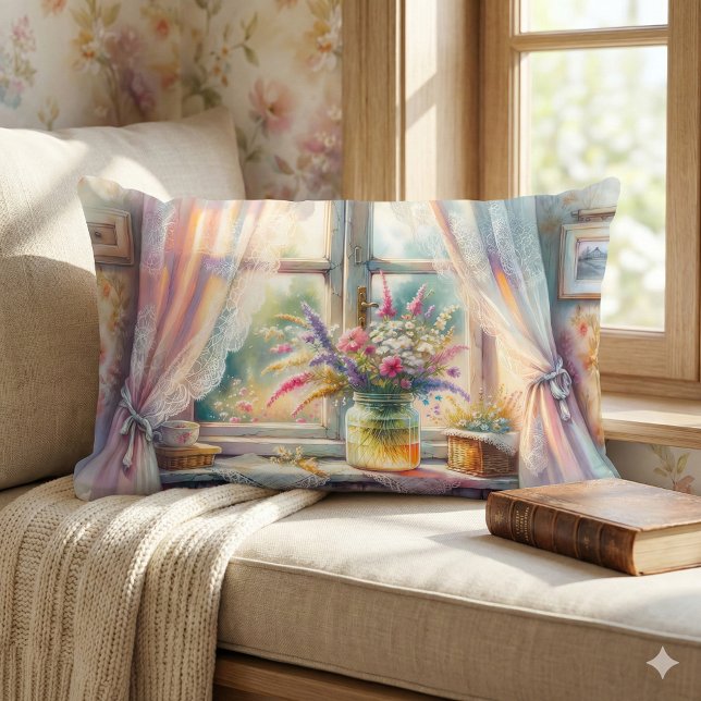 Solbelysta vilda blommor i stugfönster lumbarkudde (Sunlit Cottage Window Wildflowers Lumbar Pillow Mockup A)