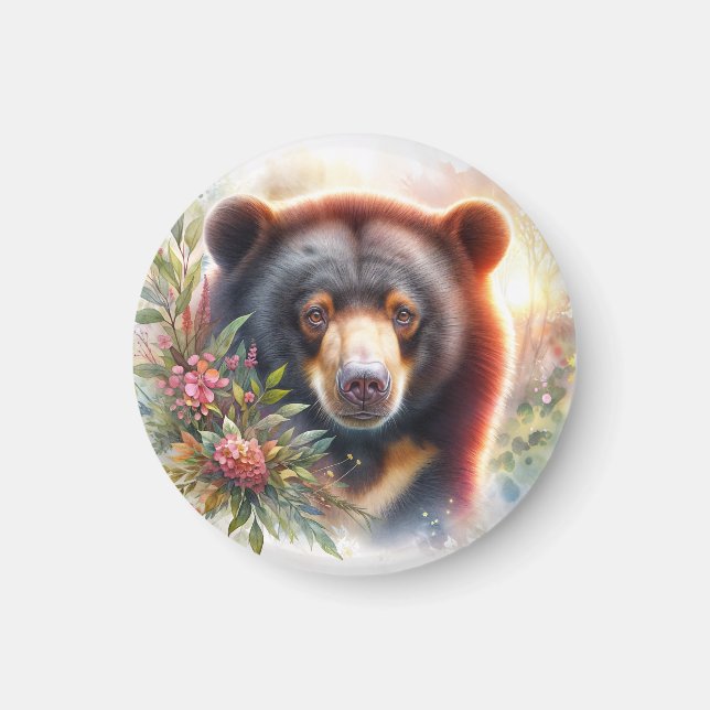 Solbjörn Blommig Akvarell Magnet (Framsidan)