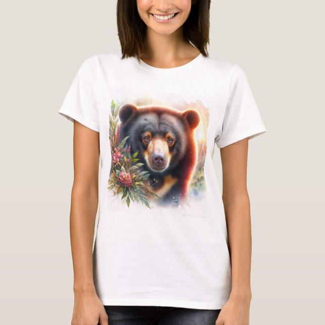 Solbjörn Vattenfärg Illustration T-Shirt med Blomm (Framsida)