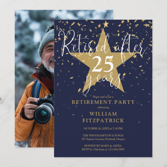 Solblått och Guld Stars Foto Pension Party Inbjudningar (Fram/baksida)