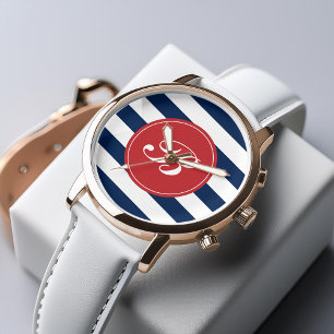 Solblått och Röda Rand Mönster Monogram Armbandsur