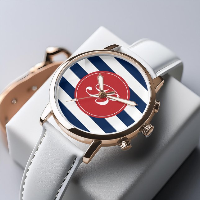 Solblått och Röda Rand Mönster Monogram Armbandsur (Skapare uppladdad)