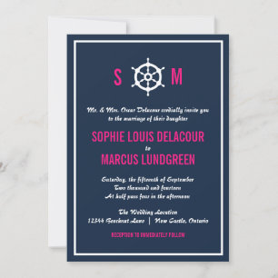 Solblått och Shock rosa Nautical Monogram Bröllop Inbjudningar