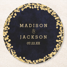 Solblått vatten och Guld Bröllop Monogram Underlägg Papper Rund